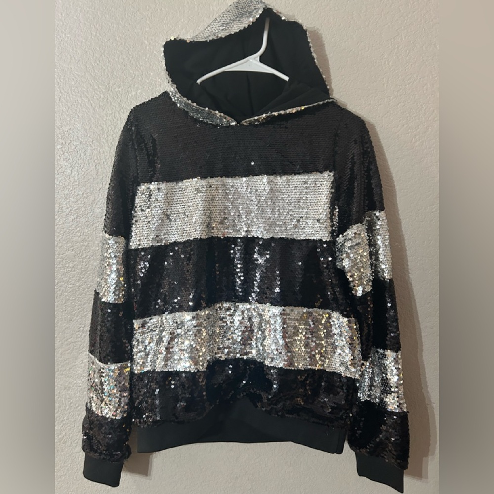 Sequin Striped Women's Sweatshirt - Black and Silver - Raiders, Silver knights